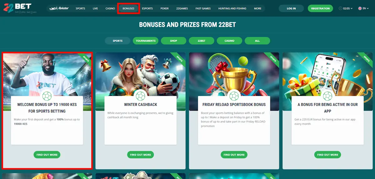 22Bet Kenya Bonuses and Promotions Screenshot